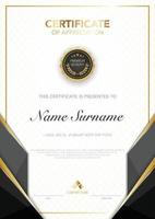 Plantilla de certificado de diploma en color negro y dorado con imagen vectorial de lujo y estilo moderno. vector