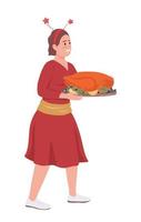 Happy girl serve turkey semi flat color vector character. Posing figure. Full body person on white. Festive home dinner isolated modern cartoon style illustration for graphic design and animation