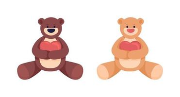 oso de juguete con conjunto de elementos de vector de color semi plano de corazón. objeto realista completo en blanco. muñecos de peluche para niños aislados ilustración de estilo de dibujos animados moderno para diseño gráfico y animación