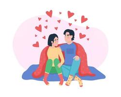 pareja abrazos 2d vector ilustración aislada. gente enamorada pasando tiempo juntos. novio y novia personajes planos sobre fondo de dibujos animados. socios abrazándose bajo una manta colorida escena