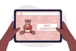 Donate online 2D vector isolated illustration. Contributing to childcare foundation website. Social help. Flat first view hands with tablet on cartoon background. Charity work colourful scene