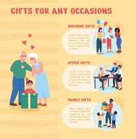 Gifts for any occasion flat color vector infographic template. Birthday present. Poster with text, PPT page concept design with cartoon characters. Creative data visualization. Info banner idea