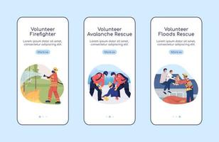 Emergency situation volunteering onboarding mobile app screen flat vector template. Walkthrough website 3 steps with characters. Creative UX, UI, GUI smartphone cartoon interface, case prints set