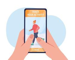 Mobile activity tracking 2D vector isolated illustration. Holding mobile phone with fitness application flat first view hand on cartoon background. Winter recreation colourful scene