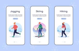 How to stay active in winter onboarding mobile app screen flat vector template. Walkthrough website 3 steps with characters. Creative UX, UI, GUI smartphone cartoon interface, case prints set