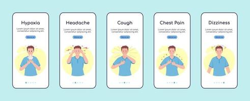 Post covid syndrome symptoms onboarding mobile app screen flat vector template. Walkthrough website 5 steps with characters. Creative UX, UI, GUI smartphone cartoon interface, case prints set