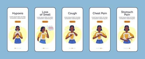 Covid symptom onboarding mobile app screen flat vector template. Health care. Walkthrough website 5 steps with characters. Creative UX, UI, GUI smartphone cartoon interface, case prints set