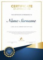 diploma certificate template blue and gold color with luxury and modern style vector image, suitable for appreciation.  Vector illustration.