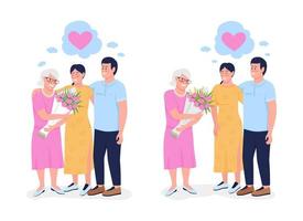 Siblings expressing gratitude to mom semi flat color vector characters set. Happy mother day celebration isolated modern cartoon style illustrations collection for graphic design and animation