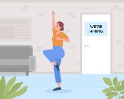 Successful job interview flat color vector illustration. Candidate in office corridor. Accepted for work position. Happy woman 2D cartoon characters with office interior on background