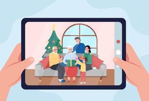 Family Christmas photo on tablet flat color vector illustration. Grandparents with children. Taking photos of happy relatives on winter holidays 2D cartoon first view hand with blue background
