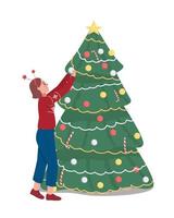 Girl decorating Christmas tree semi flat color vector character. Posing figure. Full body person on white. Winter season isolated modern cartoon style illustration for graphic design and animation