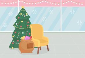 Santa chair in mall flat color vector illustration. Seasonal New Year celebration in shopping center. Traditional entertainment. Festive 2D cartoon interior with store window displays on background