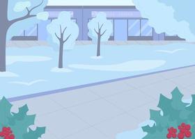 Ilustración de vector de color plano de calles de la ciudad de invierno. estación fría en el distrito de la ciudad. velada festiva en el bulevar de la época navideña. invierno paisaje de dibujos animados 2d con árboles bajo la nieve en el fondo