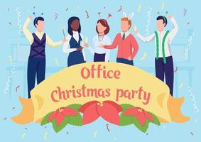 Office Christmas party poster flat vector template. Winter holiday. Brochure, booklet one page concept design with cartoon characters. New Year celebration at work flyer, leaflet with copy space