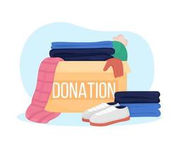 Clothing donation box 2D vector isolated illustration. Shoes and shirts to give away to non profit. Humanitarian aid flat composition on cartoon background. Charity contribution colourful scene