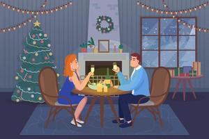 Ilustración de vector de color plano de cena festiva romántica. novio y novia celebran las vacaciones. Pareja de enamorados sentados en la mesa junto a la chimenea personajes de dibujos animados en 2d con interior en el fondo