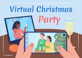 Virtual Christmas party poster flat vector template. Festive holiday. Brochure, booklet one page concept design with cartoon characters. New Year celebration flyer, leaflet with copy space