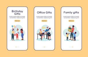 regalos para cualquier ocasión, plantilla de vector plano de pantalla de aplicación móvil incorporada. tutorial del sitio web 3 pasos con personajes. ux creativo, ui, interfaz de dibujos animados de teléfono inteligente gui, conjunto de impresiones de casos