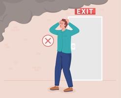 Panic of fire emergency flat color vector illustration. Behavior to avoid during life endangering situation. Person Stressed man looking at smoke 2D cartoon characters with fire exit on background