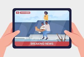 Breaking news on disaster flat color vector illustration. Streaming urgent information on emergency situation. Stressed family trapped on roof by flood 2D cartoon first view hand with color background