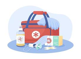 First aid kit 2D vector isolated illustration. Paramedic bag. Doctor supplies. Medical help equipment flat composition on cartoon background. Emergency situation assistance tools colourful scene