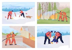 First responder service flat color vector illustrations set. Avalanche search. Extinguishing fires. Rescuers saving nature and people 2D cartoon characters collection with landscape on background