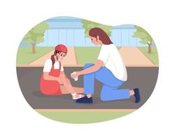 Parent help with injury 2D vector isolated illustration. Aid with wound on knee. Distressed mother and daughter flat characters on cartoon background. Accident from riding bike colourful scene