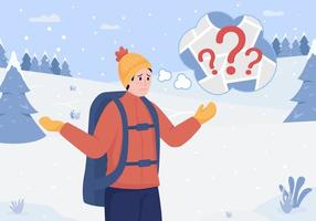 Lost in forest flat color vector illustration. Survivor with backpack panic and thinking of map. Camper question location. Confused man 2D cartoon character with winter hills with trees on background