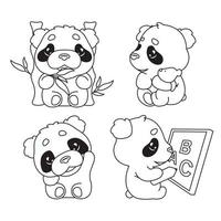 lindo paquete de personajes lineales panda kawaii. Adorable, feliz y divertido animal comiendo bambú, agitando la mano pegatina aislada, conjunto de parches. anime bebé oso panda doodle emojis iconos de línea delgada vector