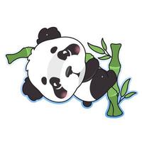 Cute panda kawaii cartoon vector character. Adorable, happy and funny animal sitting on bamboo branch isolated sticker, patch, kids book illustration. Anime baby panda bear emoji on white background