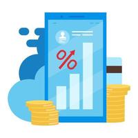 High interest rate loan, deposit flat vector illustration. Percentage increasing cartoon concept. Ebanking, ewallet smartphone application. Mobile banking, stock trading app isolated metaphor