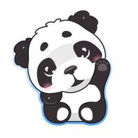 Lindo panda agitando la mano personaje de vector de dibujos animados kawaii. animal adorable, feliz y divertido con gesto de saludo hola pegatina aislada, parche. anime, bebé, oso panda, emoji, blanco, plano de fondo