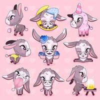 Cute donkey kawaii cartoon vector characters set. Adorable and funny mule, burro animal isolated stickers, patches. Anime baby happy donkeys emojis pack on pink background