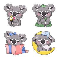 Conjunto de caracteres de vector de dibujos animados lindo koala kawaii. adorable y divertido animal comiendo eucalipto, durmiendo pegatinas aisladas, paquete de parches. Bebé de anime en caja de regalo, comiendo helado sobre fondo blanco.