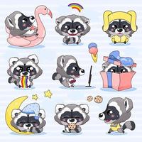 Conjunto de caracteres de vector de dibujos animados lindo mapache kawaii. adorables y divertidos adhesivos aislados de animales sonrientes, paquete de parches. mapache bebé anime durmiendo, comiendo galletas, corriendo emojis sobre fondo azul