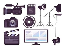 Video production equipment flat concept icons set. Professional camera, clapboard, movie reel stickers, cliparts pack. Filmmaking tools. Isolated cartoon illustrations on white background vector