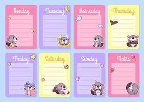 Cute baby beaver weekly planner vector template with kawaii cartoon character. Notepad, diary pages design layouts with copyspace for daily notes and lists. Girlish personal organizer vector mockup