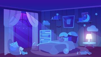 Kids bedroom night time view flat vector illustration. Soft toy, books and cushions lying on floor. Trendy wallpapers with picture, bookshelves, lampshade. Modern girlish bed with blanket