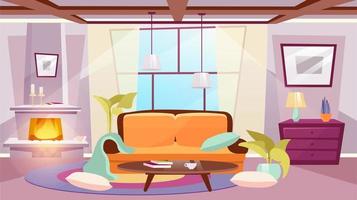 Living room interior flat vector illustration. Coffee table near classic sofa. Messy sunlit room with pillows on floor. Elegant fireplace with burning firewood and candles. Trendy panoramic window