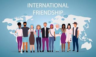 International friendship poster vector template. Multiracial and multicultural friends. Brochure, cover, booklet page concept design with flat illustrations. Advertising flyer, leaflet, banner layout