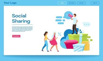 Social sharing landing page vector template. SMM, digital marketing services website interface with flat illustrations. Referral program, rewards. Refer a friend web banner, webpage cartoon layout