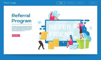 Referral program landing page vector template. Customer attraction, refer a friend website interface idea with flat illustrations. Influencer marketing, PR campaign web banner, webpage cartoon layout