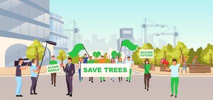 Save trees social protest flat illustration. Ecological movement, environmental protection event concept. Protestors with placards on street protesting against illegal construction, deforestation vector