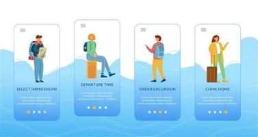 Travel planning onboarding mobile app screen vector template. Holiday trip. Vacation tour. Walkthrough website steps with flat characters. UX, UI, GUI smartphone cartoon interface concept