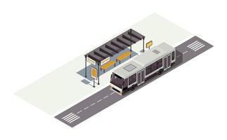 Ilustración de vector de color isométrico de parada de autobús. estación de espera. infografía de transporte público urbano. transporte de la ciudad. tráfico de la ciudad. Auto concepto 3d aislado sobre fondo blanco.