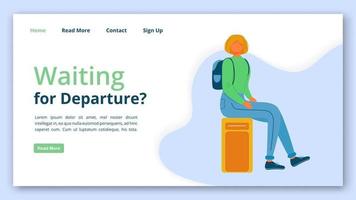 Waiting for departure landing page vector template. Holiday journey website interface idea with flat illustrations. Vacation trip homepage layout. Travel company web banner, webpage cartoon concept