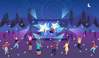 Nighttime music festival flat vector illustration. Open air live performance. Rock, pop musician concert, party in park, camp. Summertime fun outdoor activity. Dancing cartoon characters