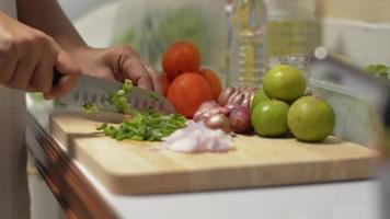 Woman chopping spring onion for spicy salad on wooden cutting board in the kitchen. video