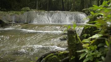 scenario di una cascata con l'acqua scorre sulle rocce sotto la luce del sole nella foresta.